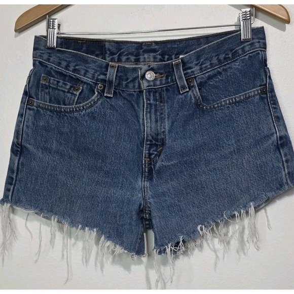 Levi's 505 Cutoffs Jean Shorts Women 9 Blue Leather Tag Daisy Shortie Booty EUC - Picture 3 of 8